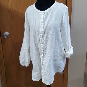 Flax 2 pack of linen tab sleeve tunic button down shirts blue striped/white